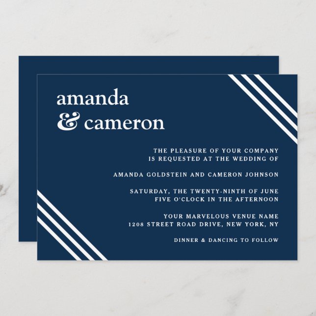 Simple Elegant Navy Blue Wedding Invitation (Front/Back)