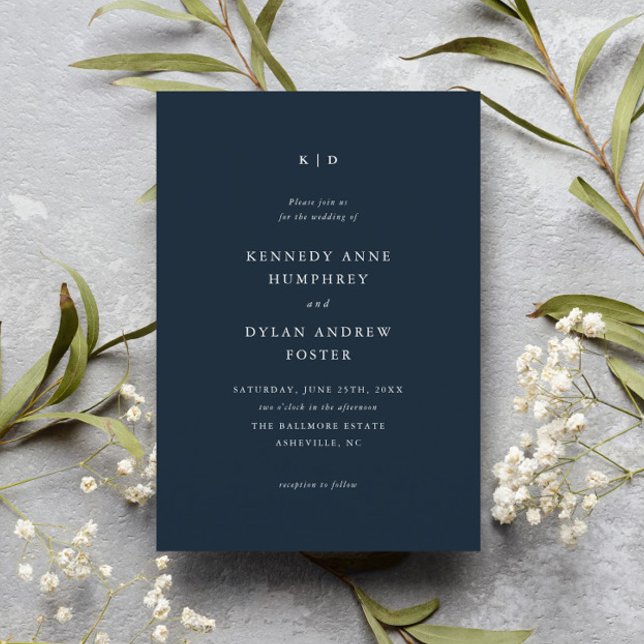 Simple Elegant Navy Blue Wedding Invitation (Simple elegant navy blue wedding invitation with classic monogram and formal typography.)