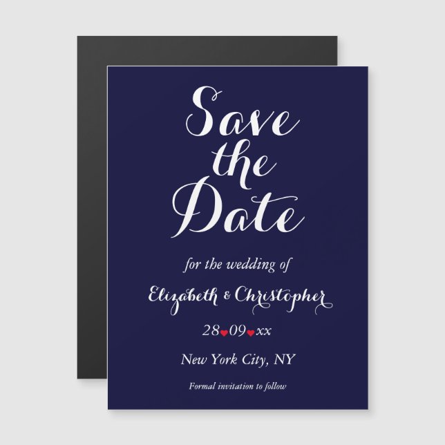 Simple Elegant Navy Blue Wedding Save the Date Magnetic Invitation (Front/Back)