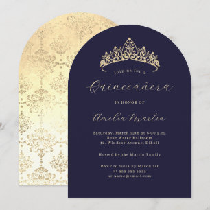 Simple Elegant Navy Gold Tiara Quinceanera  Invitation