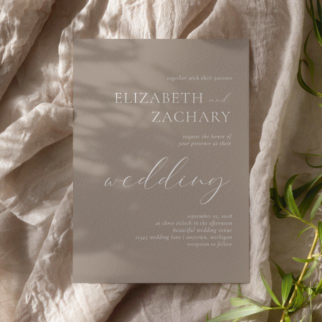 Simple Elegant Neutral Taupe White Script Wedding Invitation (Creator Uploaded)