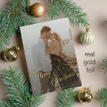 Simple elegant newlywed Merry Christmas gold Foil Holiday Card<br><div class="desc">Elegant luxurious real gold foil script wedding couple photo overlay name and text personalised first Christmas holiday card.          Please note that you can choose the colour of foil: gold,  rose gold,  or silver.</div>