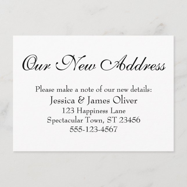 Simple, Elegant Our New Address Black on White Enclosure Card (Front)