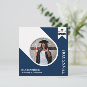Simple Elegant Oxford Blue Graduation Photo Thank You Card