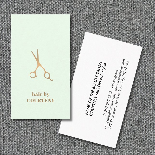 Simple Elegant Pastel Green Faux Gold Scissor Hair Business Card (Creator Uploaded)