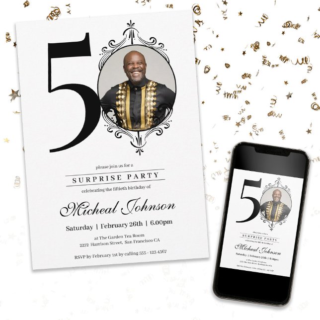 Simple Elegant Photo 50th Birthday Surprise Party  Invitation (Simple Elegant Photo 50th Birthday Surprise Party Invitation)