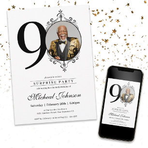Simple Elegant Photo 90th Birthday Surprise Party Invitation