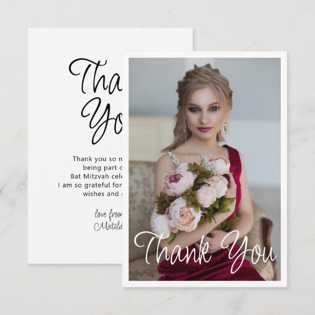 Simple Elegant Photo Bat Mitzvah Birthday Thank You Card (Front/Back)