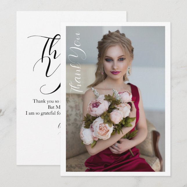 Simple Elegant Photo Bat Mitzvah Birthday Thank You Card (Front/Back)
