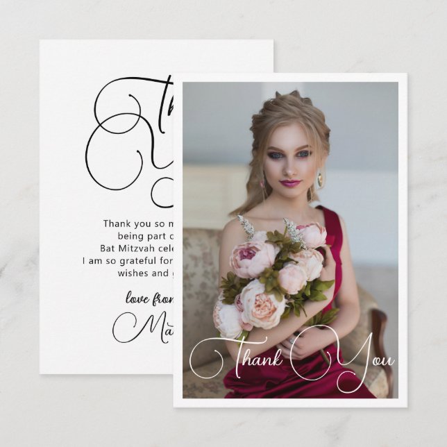 Simple Elegant Photo Bat Mitzvah Birthday Thank You Card (Front/Back)