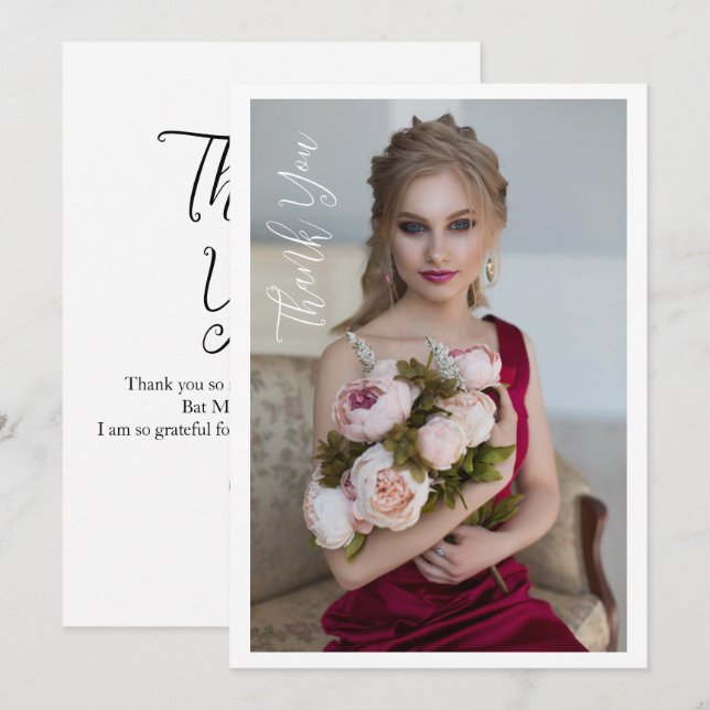 Simple Elegant Photo Bat Mitzvah Birthday Thank You Card (Front/Back)