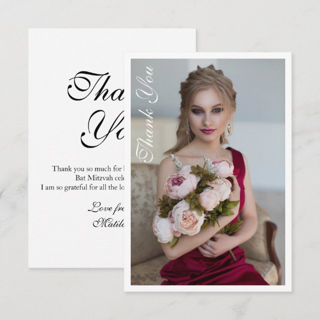 Simple Elegant Photo Bat Mitzvah Birthday Thank You Card (Front/Back)