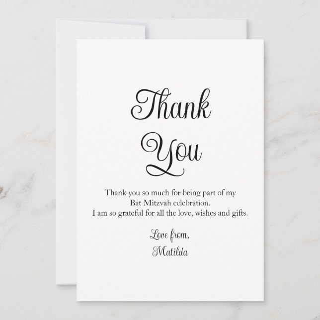 Simple Elegant Photo Bat Mitzvah Birthday Thank You Card (Back)