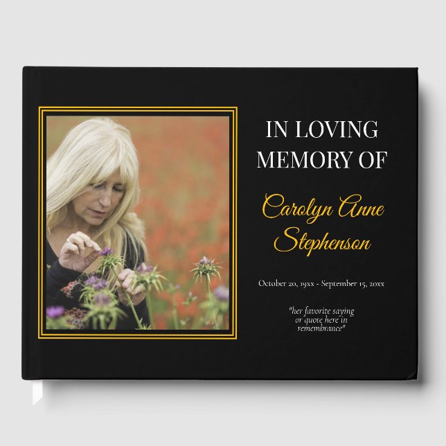 Simple Elegant Photo Black Bereavement | Funeral Guest Book (Front)
