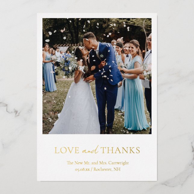 Simple Elegant Photo Gold Wedding Thank You Card (Front)