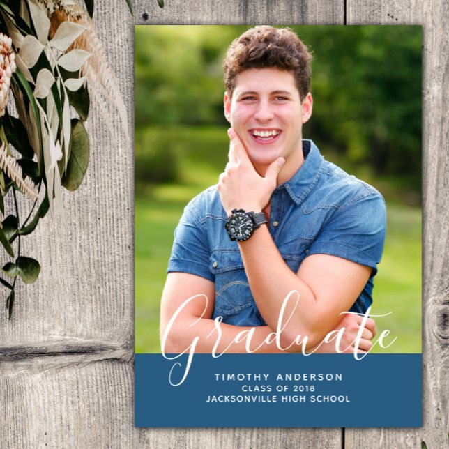 Simple Elegant Photo Graduation Vertical | Blue Invitation (Blue Simple Elegant Photo Graduation Vertical Announcement)