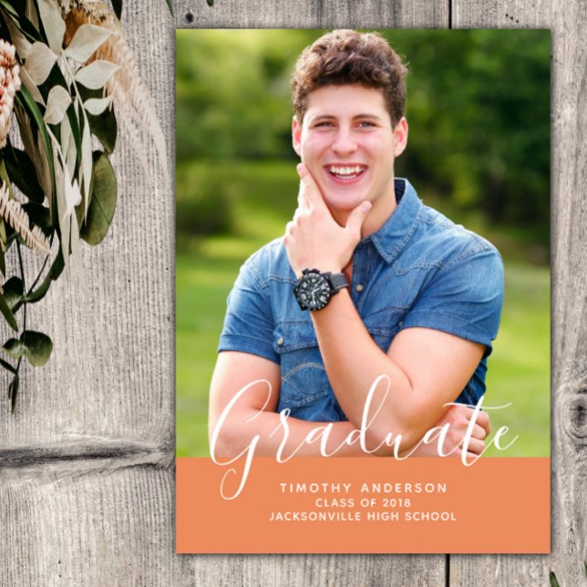 Simple Elegant Photo Graduation Vertical | Orange Invitation (Orange Simple Elegant Photo Graduation Vertical Announcement)