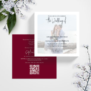 Simple Elegant Photo Minimal Burgundy QR Code RSVP Invitation