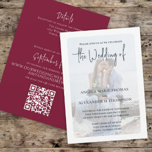 Simple Elegant Photo Minimal Burgundy QR Code RSVP Invitation