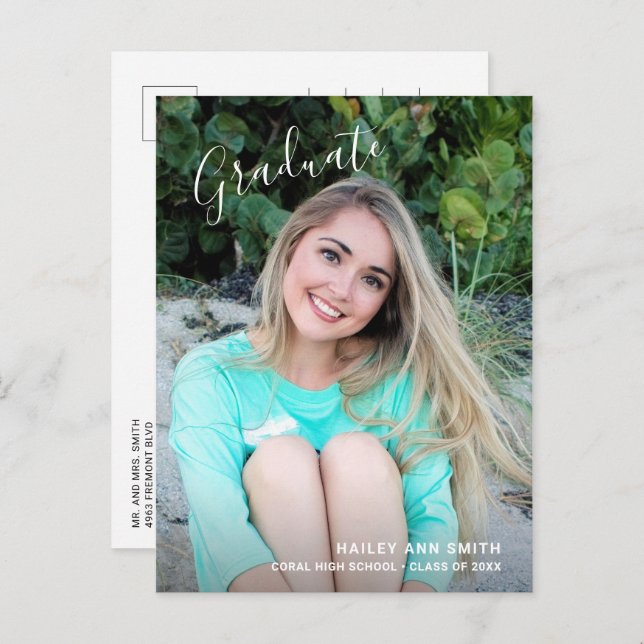Simple Elegant Photo Modern Graduation Announcement Postcard (Front/Back)