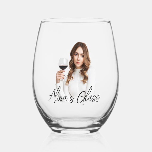 Simple Elegant Photo Name Monogram Gift  Stemless Wine Glass (Front)