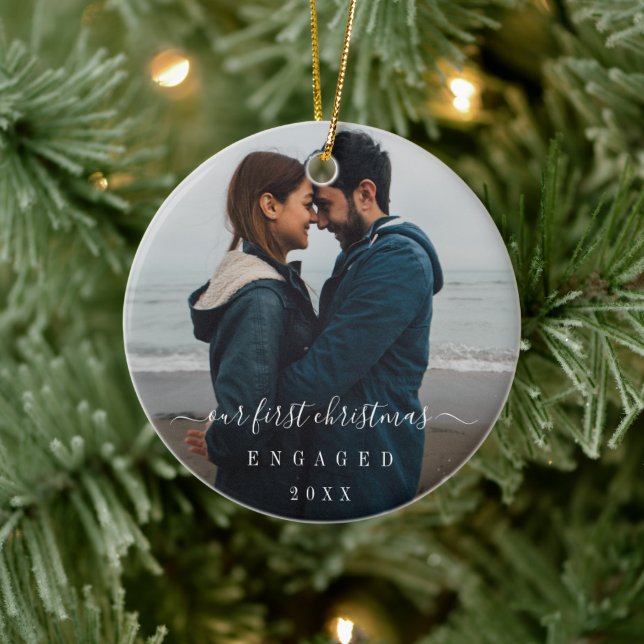 Simple Elegant Photo Our First Christmas Engaged Ceramic Tree Decoration (Tree)
