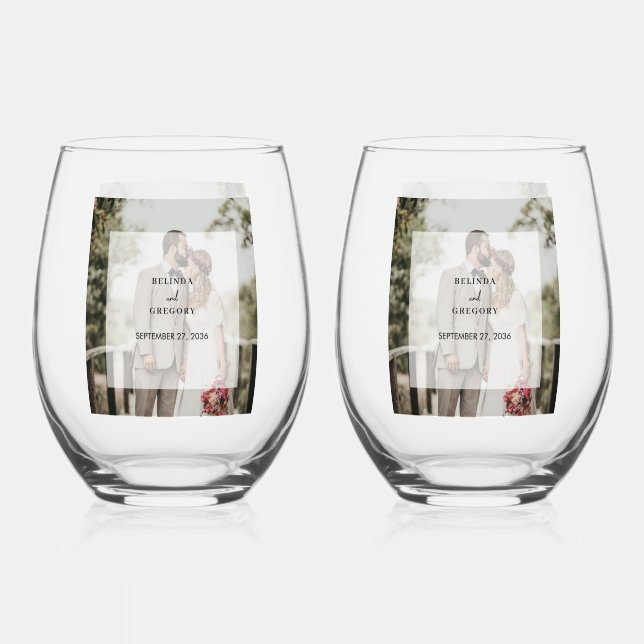 Simple Elegant Photo Overlay Script Wedding Stemless Wine Glass (Back)