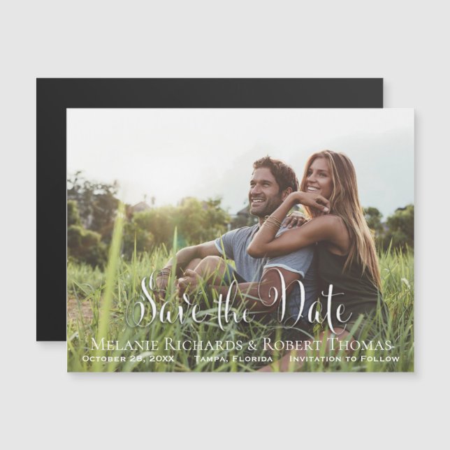 Simple Elegant Photo Script Save the Date Magnet (Front/Back)