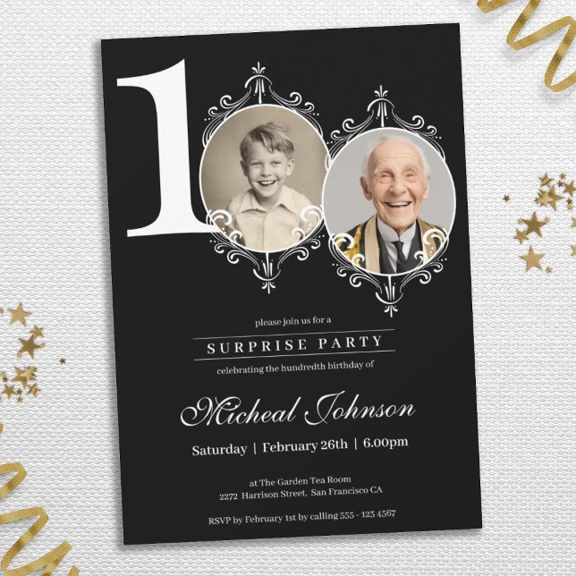 Simple Elegant Photo Surprise 100th Birthday Party Invitation (Simple Elegant Photo Surprise 100th Birthday Party Invitation)