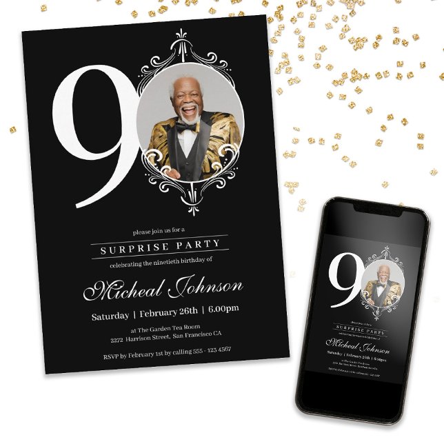 Simple Elegant Photo Surprise Party 90th Birthday Invitation (Simple Elegant Photo Surprise Party 90th Birthday Invitation)