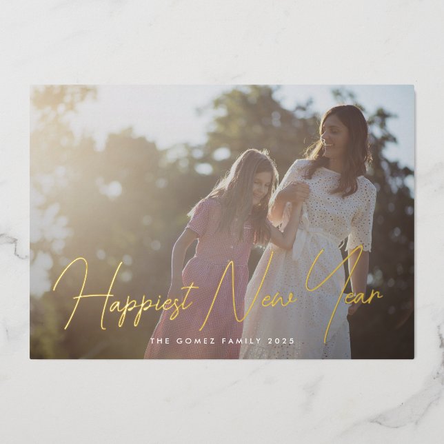 Simple Elegant Photo Typography Happiest New Year Foil Holiday Card (Front)