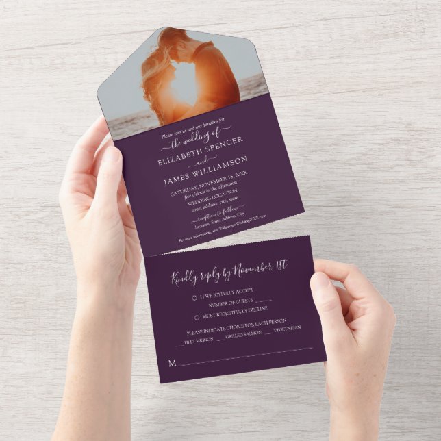 Simple Elegant Photo Wedding RSVP Purple All In One Invitation (Tearaway)