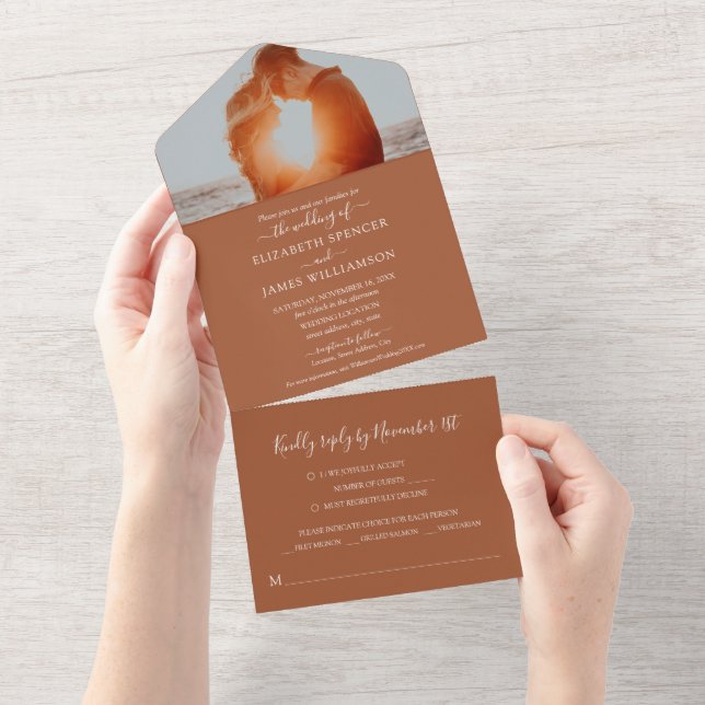 Simple Elegant Photo Wedding RSVP Terracotta All In One Invitation (Tearaway)