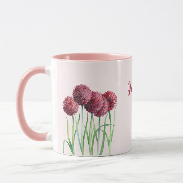 Simple Elegant Pink Alliums Flower Watercolor Mug (Left)