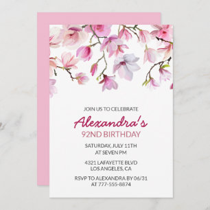 Simple Elegant Pink Boho Watercolor 92nd birthday Invitation