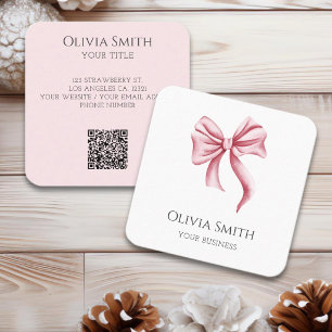 Simple Elegant Pink Bow QR Code Square Business Card