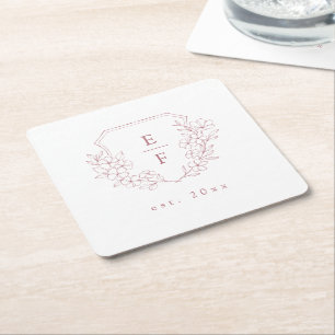 Simple Elegant Pink Cherry Blossom Monogram Crest  Square Paper Coaster