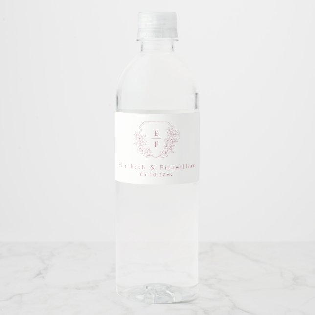 Simple Elegant Pink Cherry Blossom Monogram Crest  Water Bottle Label (Front)