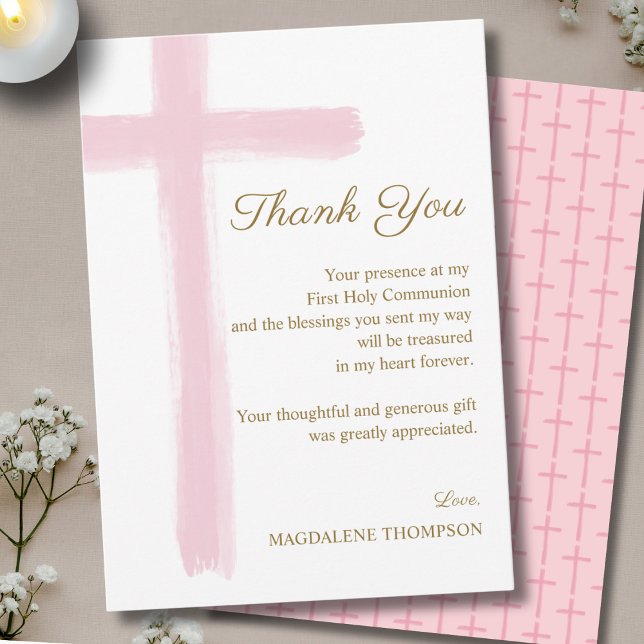 Simple Elegant Pink Cross First Holy Communion  Thank You Card (Creator Uploaded)