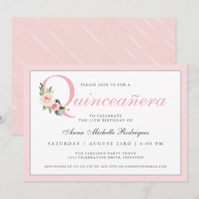 Simple Elegant Pink Floral Quinceanera Birthday Invitation (Front/Back)