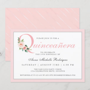 Simple Elegant Pink Floral Quinceanera Birthday Invitation