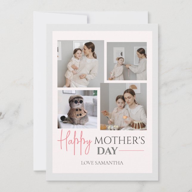 Simple Elegant Pink Four photo Happy mothers Day  Holiday Card (Front)