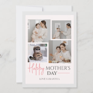 Simple Elegant Pink Four photo Happy mothers Day Holiday Card