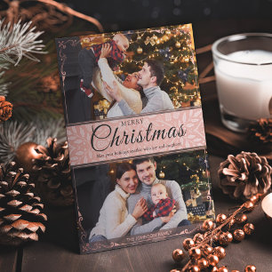 Simple Elegant Pink Frame 2 Photo Christmas Holiday Card