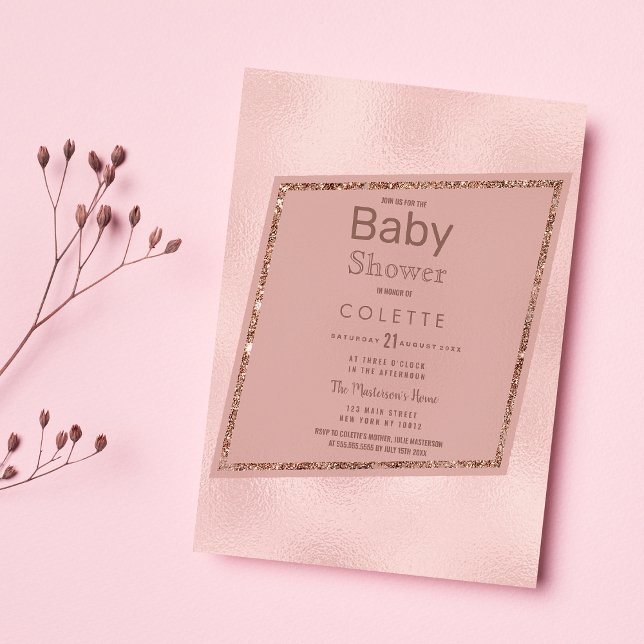 Simple Elegant Pink Rose Gold Glitter Baby Shower Invitation Postcard (Simple Elegant Pink Rose Gold Glitter Baby Shower)