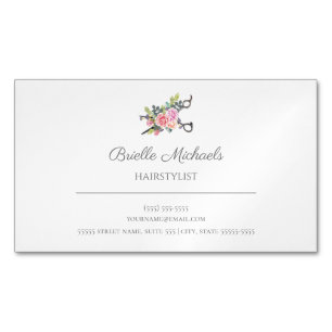 Simple Elegant Pink Rose Scissors Hair Stylist Magnetic Business Card