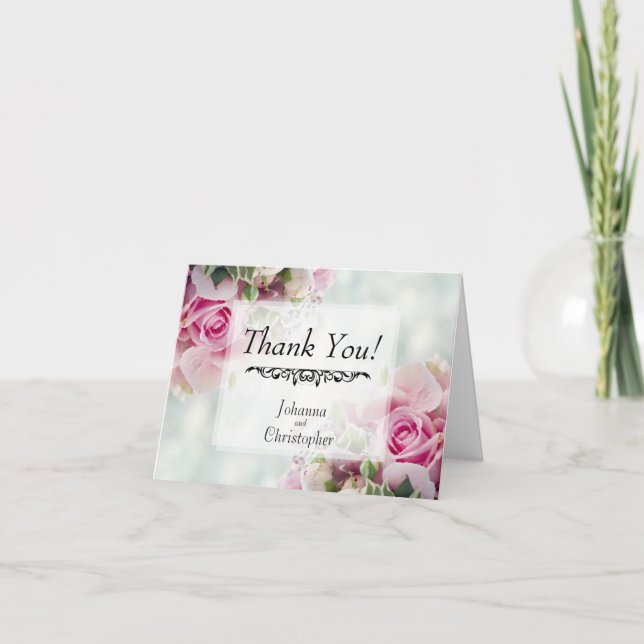 Simple Elegant Pink Roses Floral on Teal Wedding Thank You Card (Front)