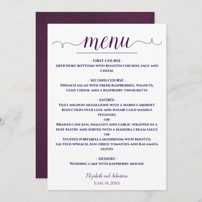 Simple Elegant Plum & Navy Blue on White Wedding Menu (Front/Back)
