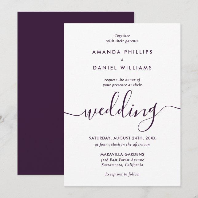 Simple Elegant Purple Modern Script Wedding Invitation (Front/Back)