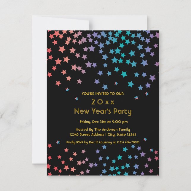 Simple Elegant Rainbow Stars New Year's Eve Party Invitation (Front)